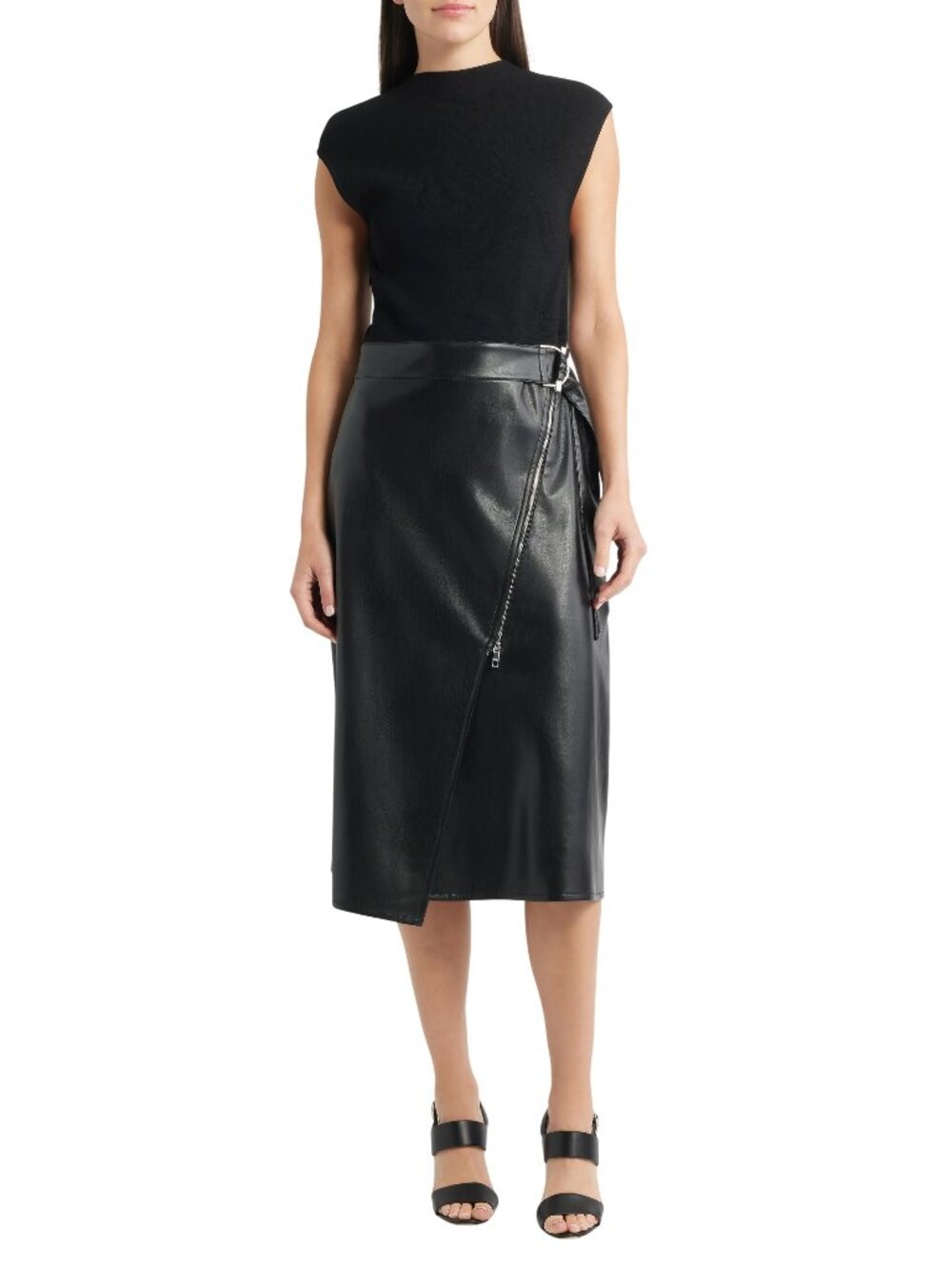 BOSS Flederi Mixed Media Lfaux eather Midi Dress in Black Small Womens